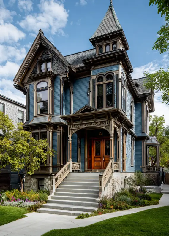 A grand modern Victorian house with blue siding and complex, multi-toned earthy brown trim.