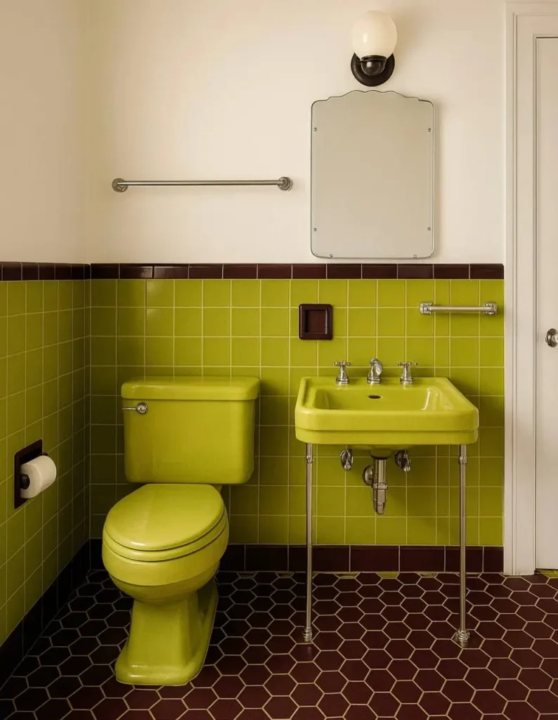 A 70s bathroom contrasting avocado green fixtures and wall tile with dark maroon hexagonal floor tiles.