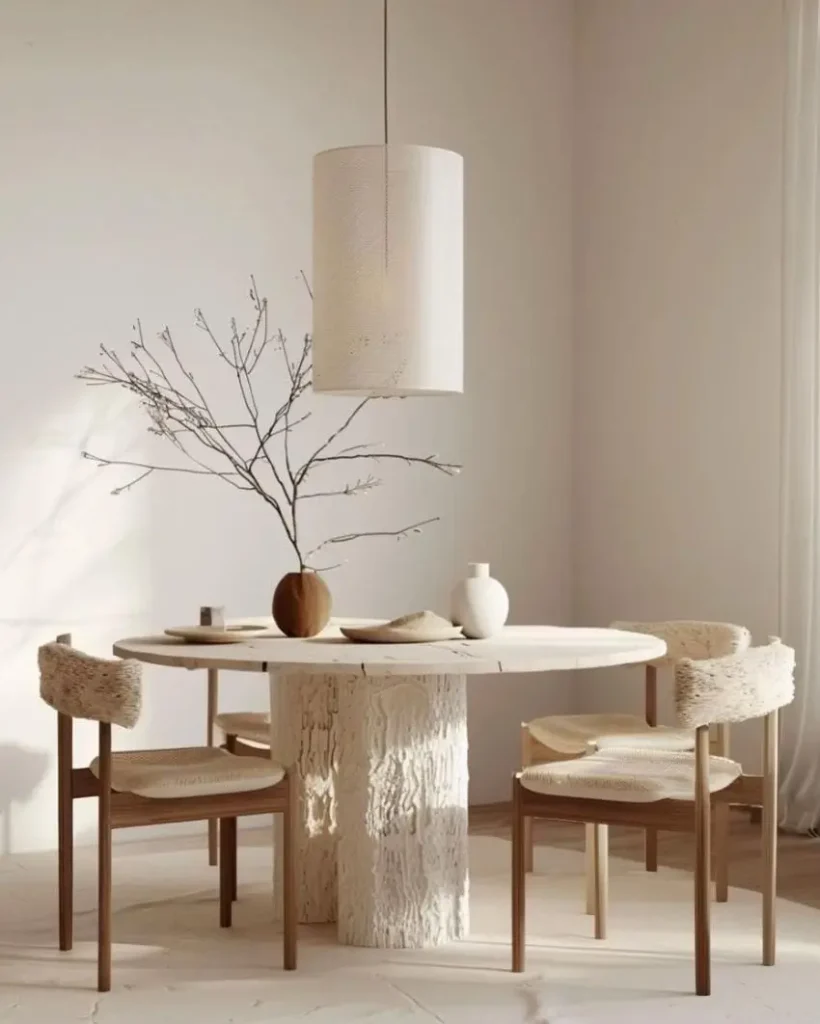A modern condo dining room design idea featuring a table with a raw, textured base and chairs with furry details for a soulful look.