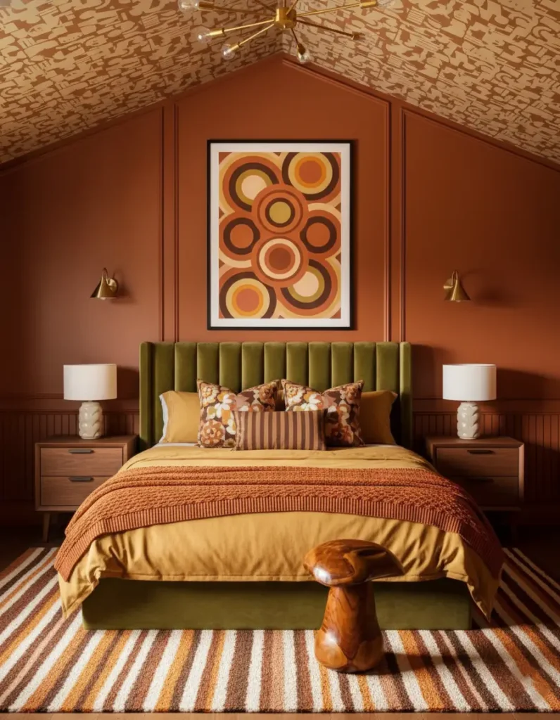 A sophisticated bedroom with terracotta walls, a striped rug, and geometric wall art, embodying 70s bedroom decor.