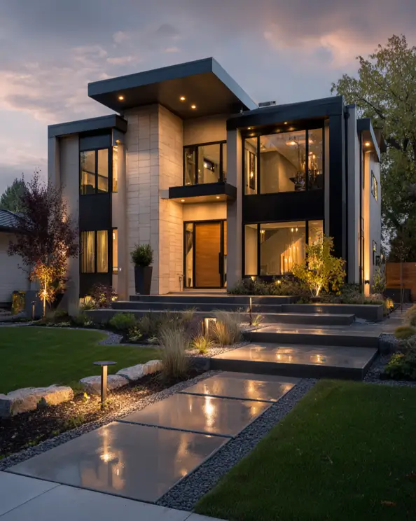 A contemporary beige stone and black house with dramatic exterior uplighting highlighting its modern form.