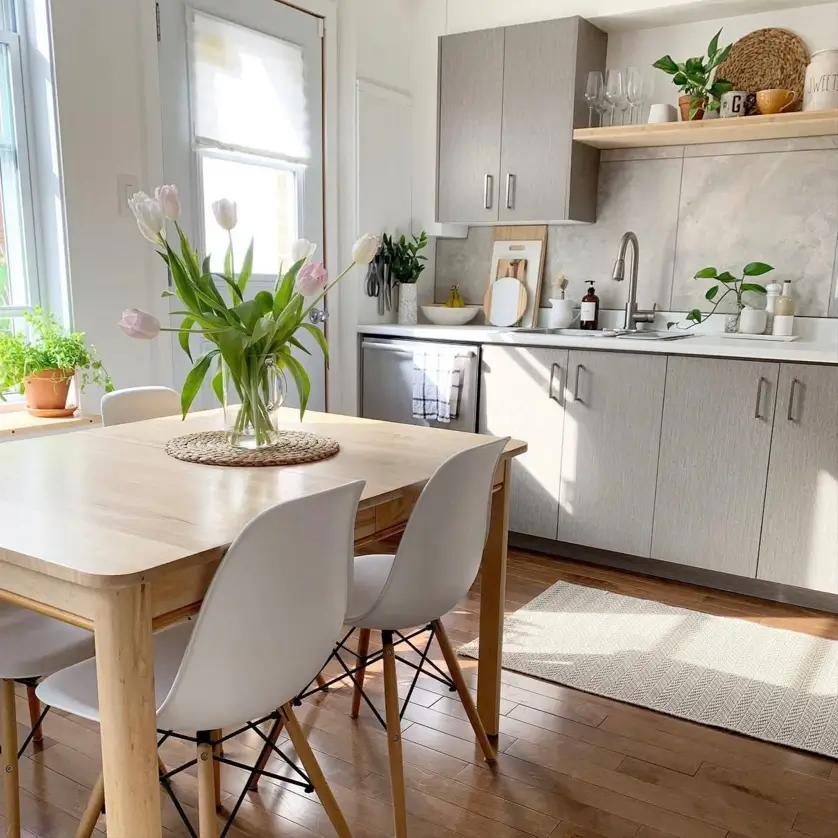 A sunlit small apartment dining area with fresh tulips on a wooden table, showcasing a cozy interior design with natural elements.