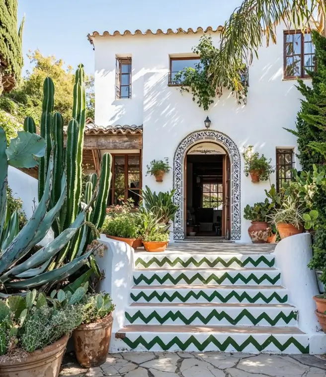 A white stucco Mediterranean entryway with green chevron tiled stairs and a patterned tile archway, surrounded by potted cacti.