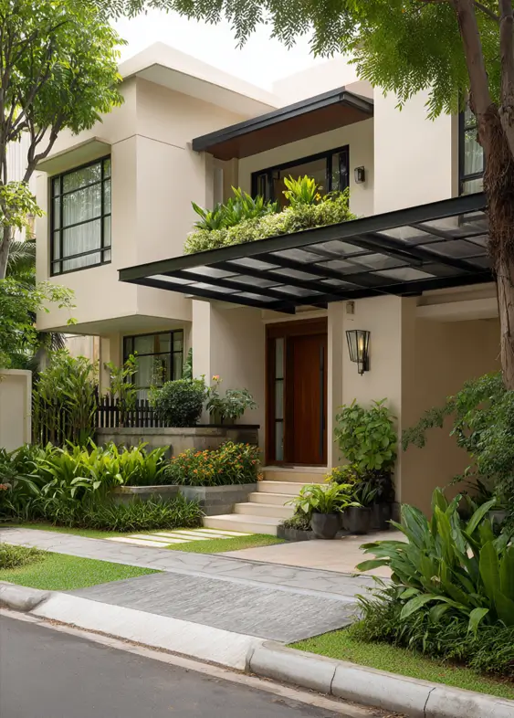 A modern beige house with a black awning that holds a lush planter box over the entryway.