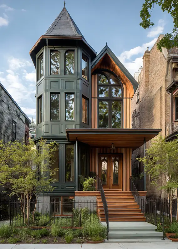 Modern Victorian style house with a dark green turret and a light wood-paneled gable section.
