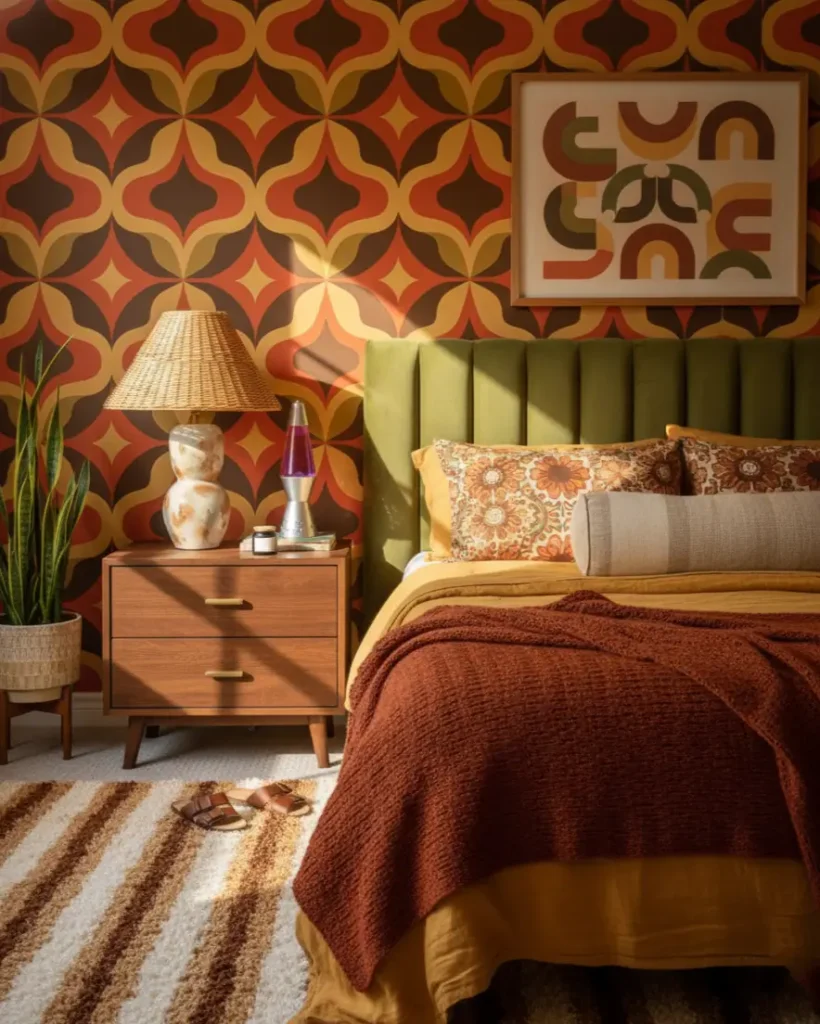 A 70s bedroom idea featuring bold geometric wallpaper, an olive velvet headboard, and a striped shag rug.