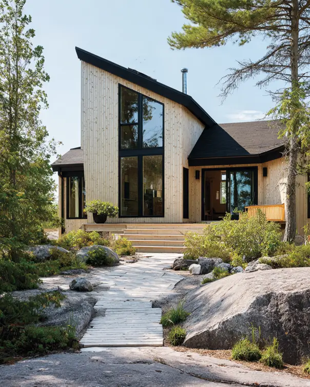 A modern beige wood-sided house with a dramatic black angled roof and large windows in a natural setting.