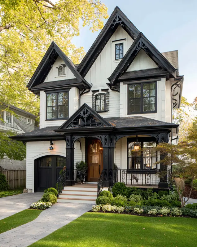 A white modern Victorian style house with elaborate black "gingerbread" trim on the porch and gables.