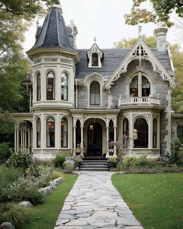 A grand stone modern Victorian style house with cream-colored trim and a natural flagstone walkway.