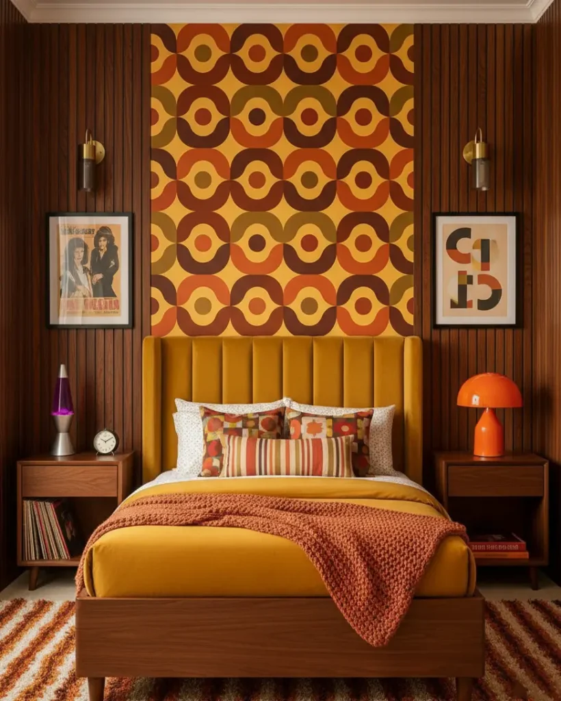 A 70s bedroom decor with wood panelling framing a geometric wallpaper panel behind a mustard velvet bed.