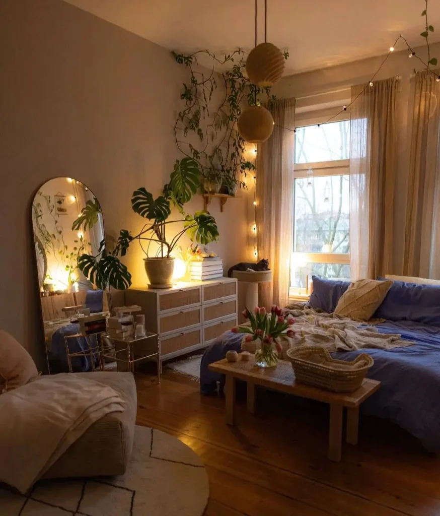 A cozy small apartment bedroom filled with lush plants, fairy lights, and a large arched mirror, creating a warm and enchanting interior.