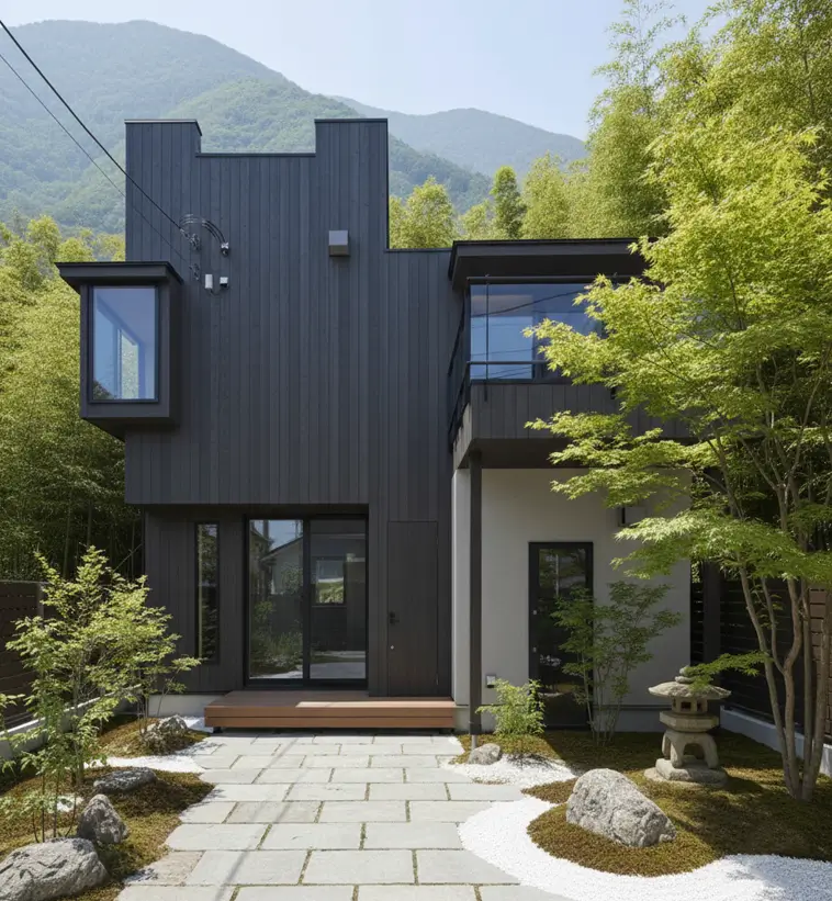 A stunning modern Japanese house exterior with dark siding and a geometric shape, set in a gravel and stone garden.