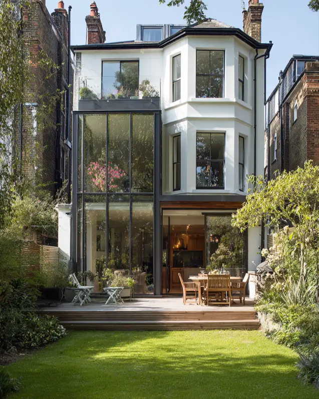 Rear of a white modern Victorian townhouse with a large, black-framed glass extension and garden.