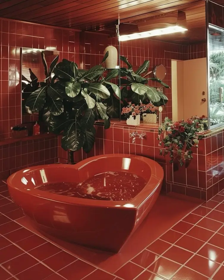 A retro 70s glam bathroom featuring a red heart-shaped tub and matching red floor-to-ceiling tile.
