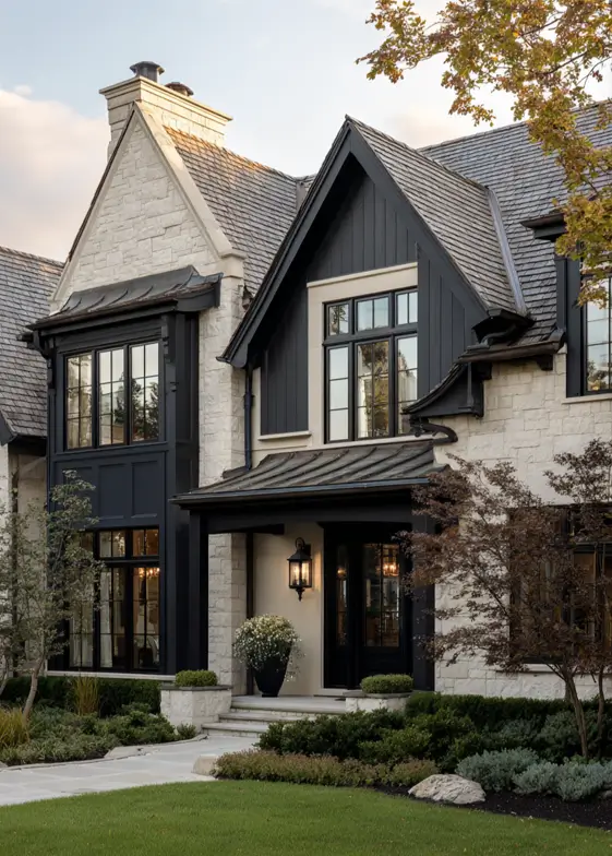 A stately beige stone house with sections of vertical black siding and a dark slate roof.