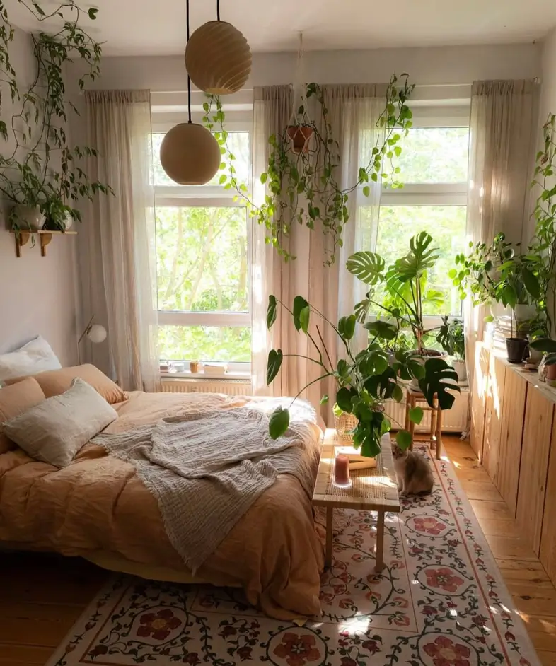 A sunlit, cozy small apartment bedroom filled with a variety of houseplants, creating a serene urban jungle interior.