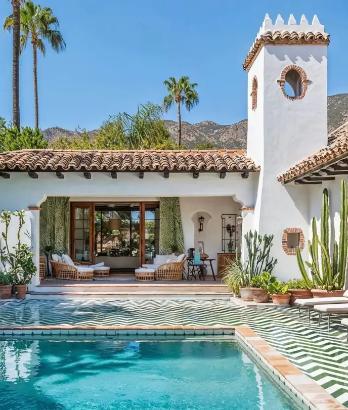A white Mediterranean villa with a green and white chevron tile pool patio and a white tower.