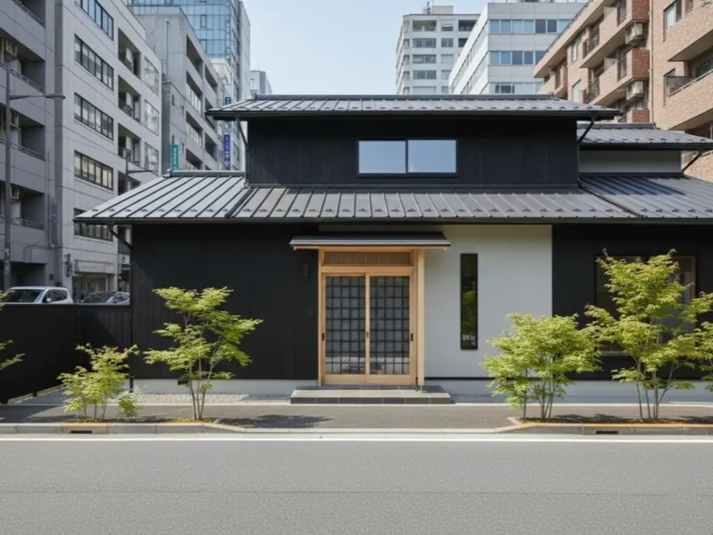 A Japanese style house modern facade with black and white walls and a light wood door.