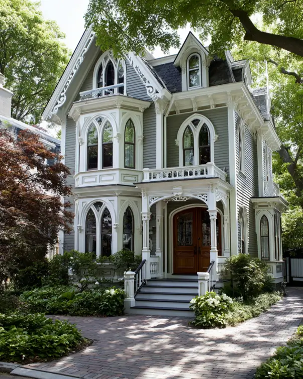 A gray modern Victorian house with striking Gothic-arched windows and crisp white trim.