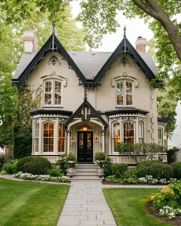 A beige Gothic Revival house with dramatic black ornate trim on the gables and around the bay windows.