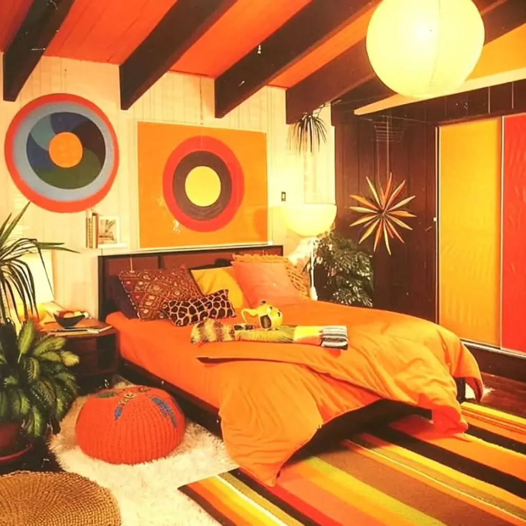 A retro 70s bedroom with graphic circular wall art, an orange bedspread, and a striped rug.