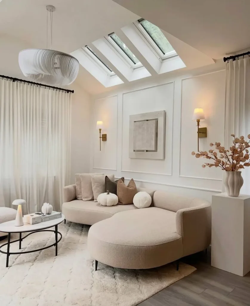 A bright, warm neutral living room featuring a curved beige sectional, a modern white pendant light, and elegant wall molding.