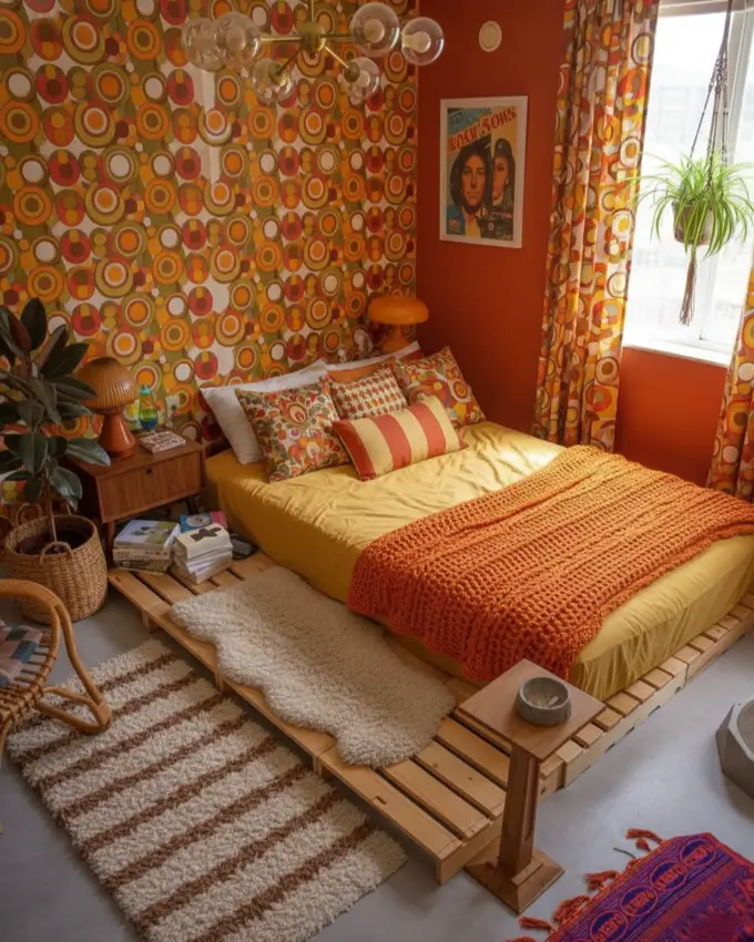 A retro 70s bedroom with maximalist patterns, including circular wallpaper, graphic curtains, and a striped rug.