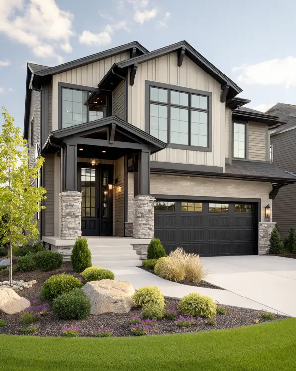 A modern beige and black house with vertical siding, stone accents, and a covered front porch.