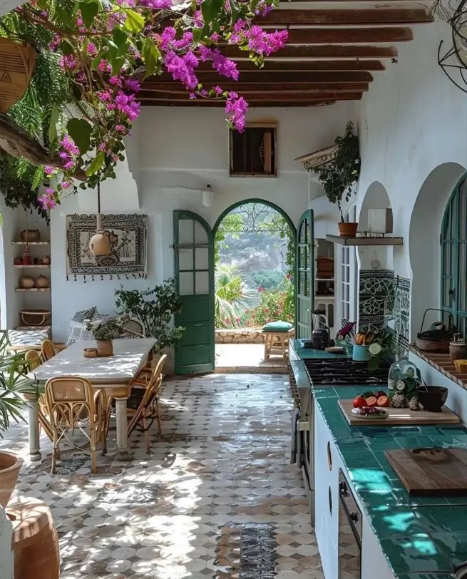 A rustic Mediterranean kitchen interior with green tiled counters, an arched green door, and patterned floors.