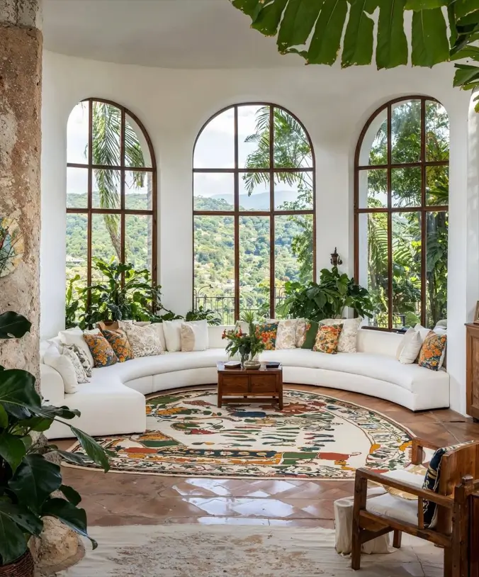 A Mediterranean living room interior with three large arched windows, a curved white sofa, and a view of green hills.