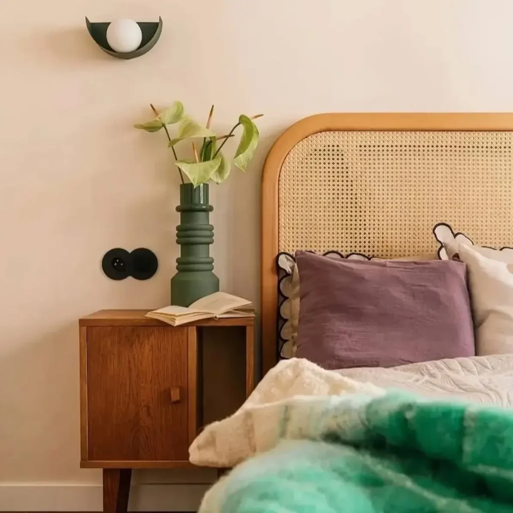 Close-up of a minimalist bedroom with a cane headboard, wood nightstand, and green vase.