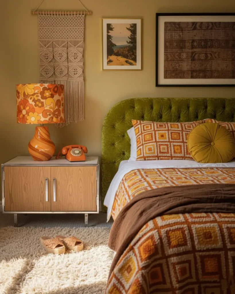 A 70s bedroom inspo room with an olive velvet headboard, shag rug, and a floral 70s lampshade.
