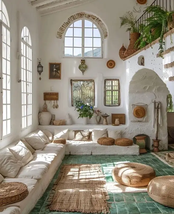 A sunlit Mediterranean interior with white built-in seating, green floor tiles, and arched windows.