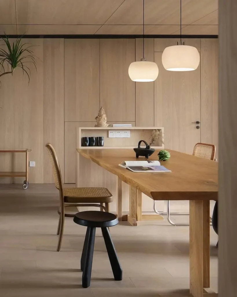 Minimalist dining room with a large wood table, cane chairs, and seamless wood-paneled walls under soft pendant lights.