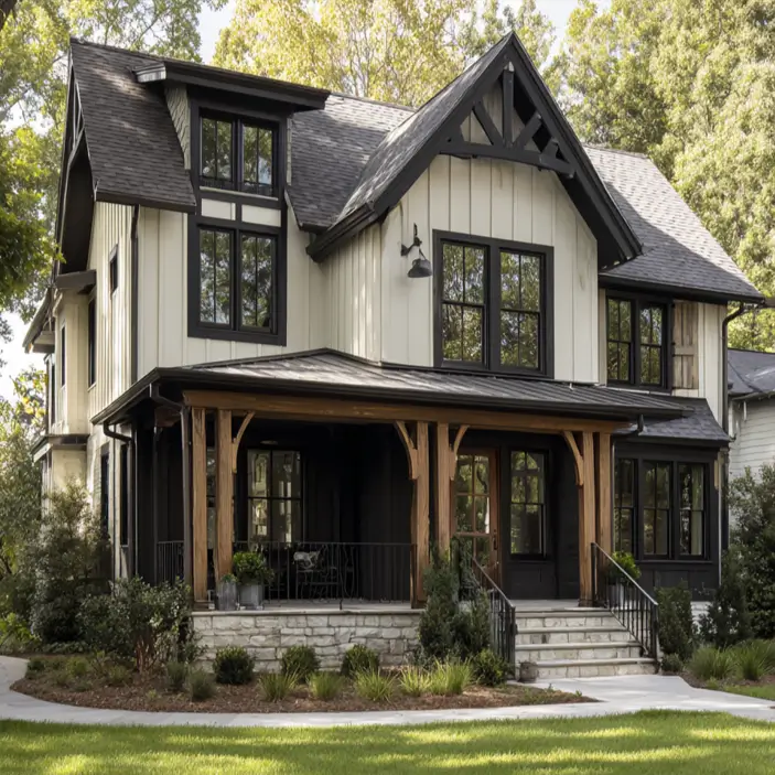 A modern beige house with black trim, featuring a large rustic wooden front porch and stone foundation.
