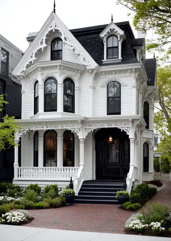 A white modern Victorian style house with highly ornate white gingerbread trim and a contrasting black door.