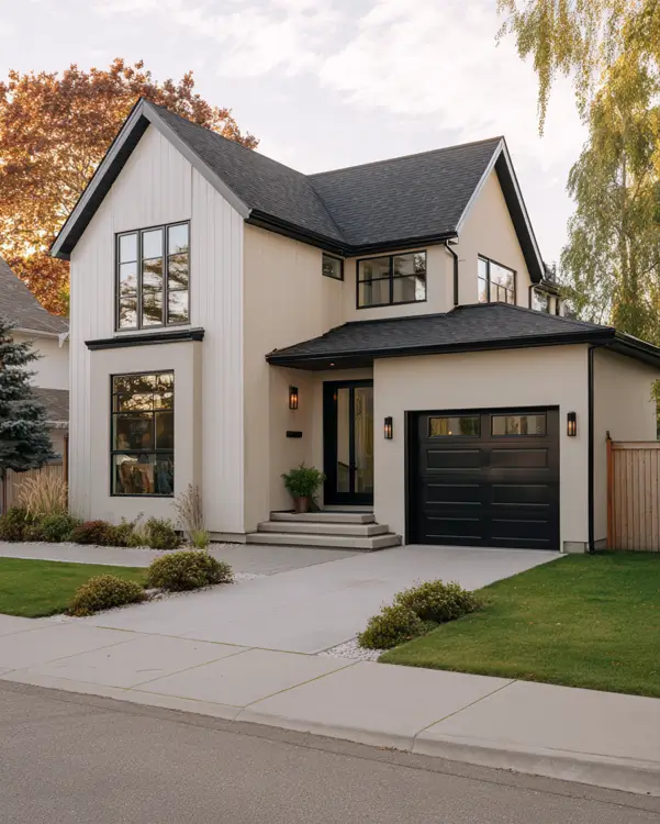 A modern beige farmhouse with black trim, featuring a mix of vertical board-and-batten and smooth stucco siding.