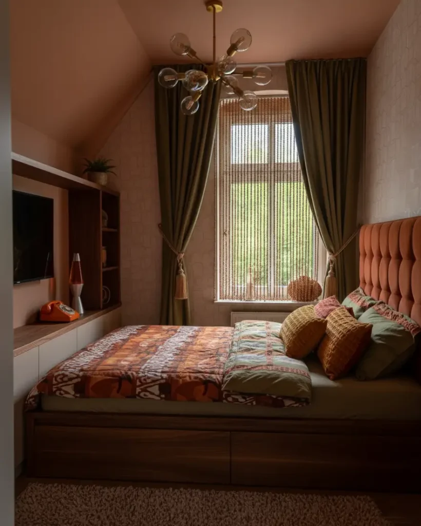 A cozy 70s bedroom with built-in shelving, an orange tufted headboard, and patterned bedding.