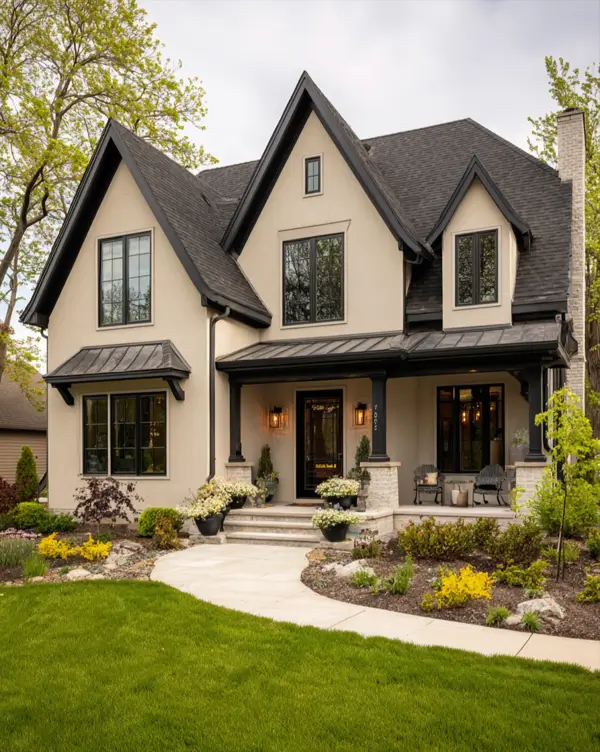 A beige house with high-contrast black trim on the gables and a covered front porch with black columns.