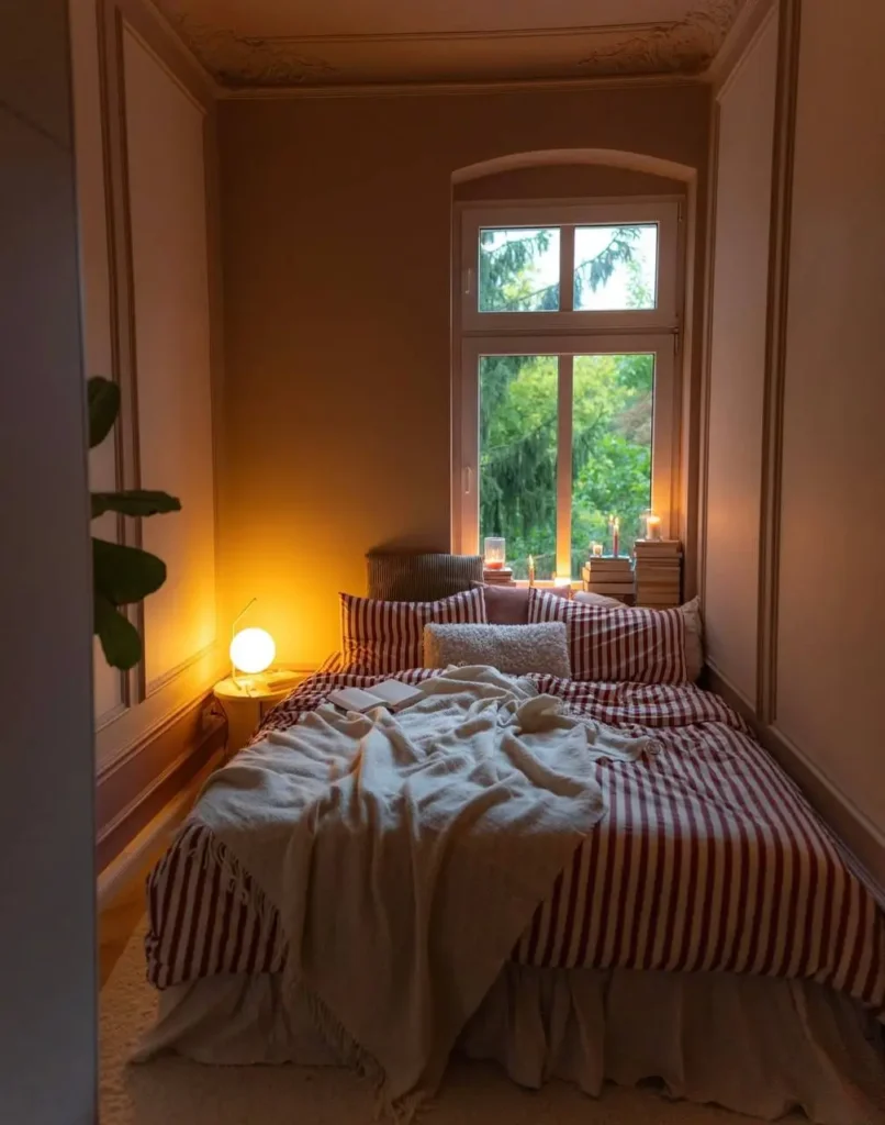 A cozy small apartment bedroom nook with red-and-white striped bedding, illuminated by a warm lamp for an intimate interior design.