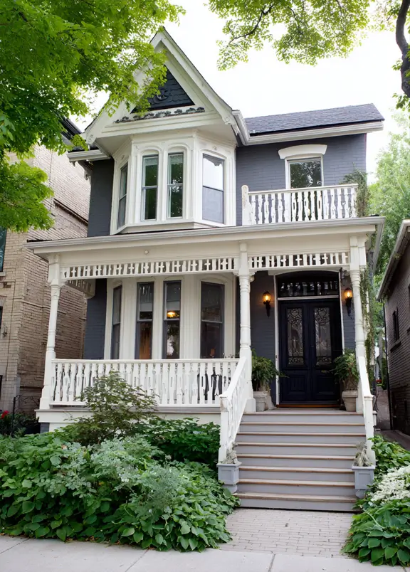 A gray modern Victorian style house with a bright white porch, railings, and bay window.