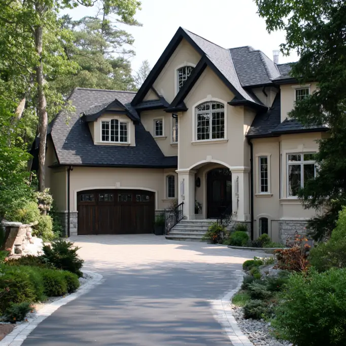 A large beige stucco house with black trim defining the gables and a rich wooden garage door.