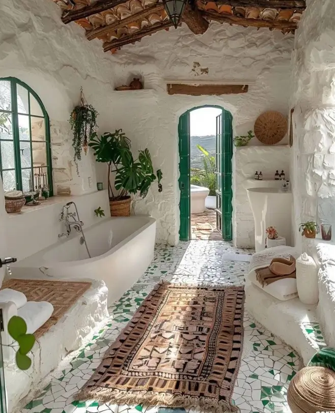 A rustic Mediterranean bathroom interior with whitewashed stone walls, patterned floor tiles, and a green door leading outside.
