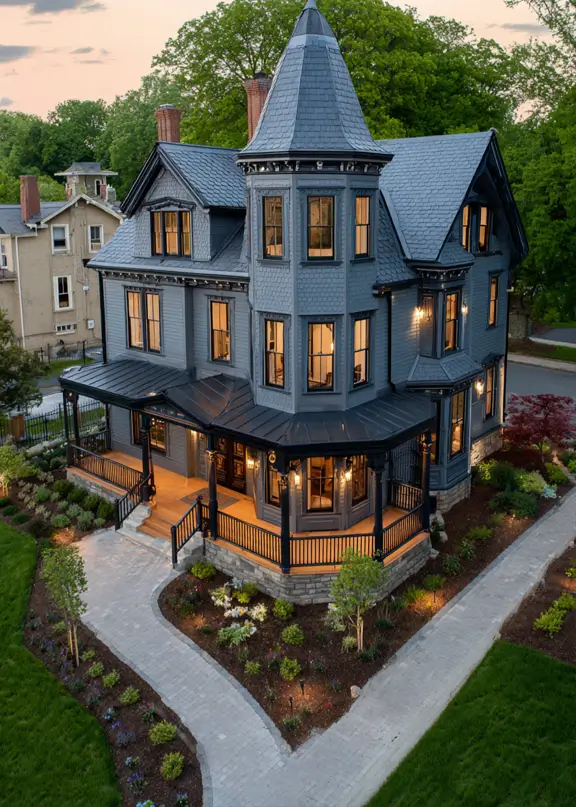 An aerial view of a large, dark gray modern Victorian style house at dusk with a wrap-around porch.