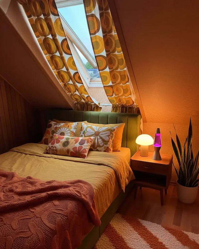 A cozy attic 70s bedroom inspo with graphic curtains, an olive headboard, and a shag rug.