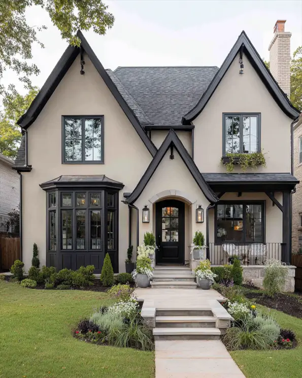 A beige Tudor-style house with black trim, a prominent black bay window, and an arched entryway.