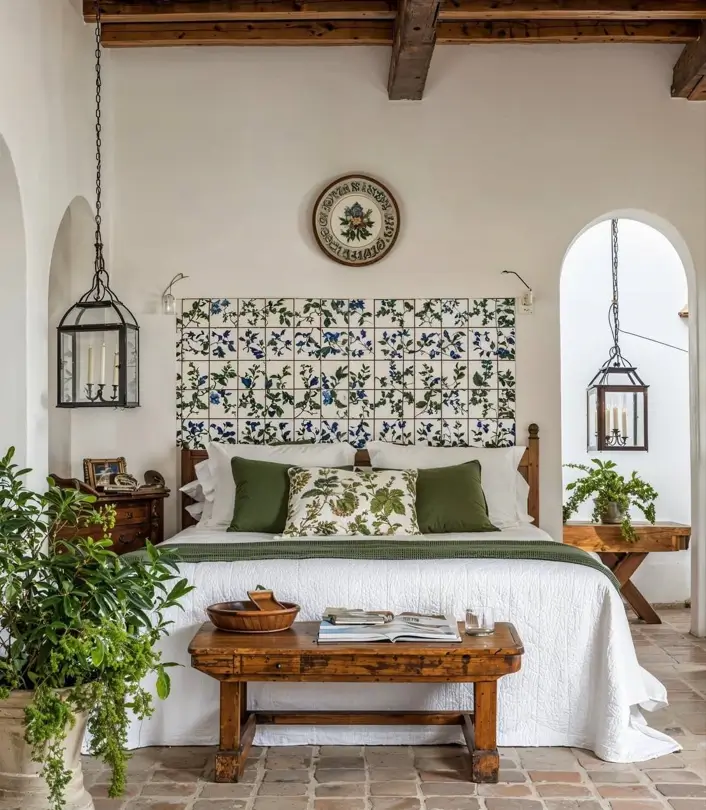 A Mediterranean bedroom interior with a blue and white tiled headboard, exposed beams, and terracotta floors.