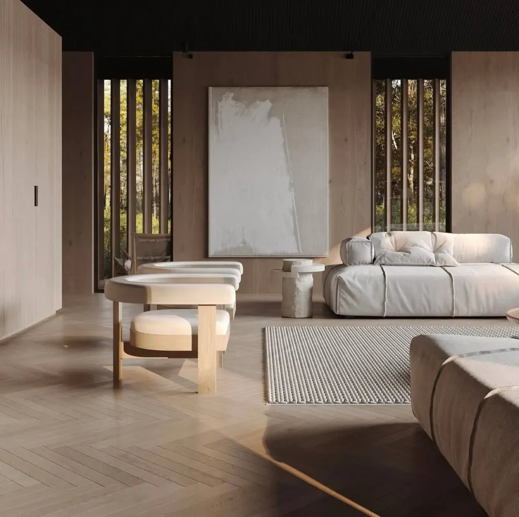 Serene minimalist living room with wood-paneled walls, light-colored sofas, and large abstract art.