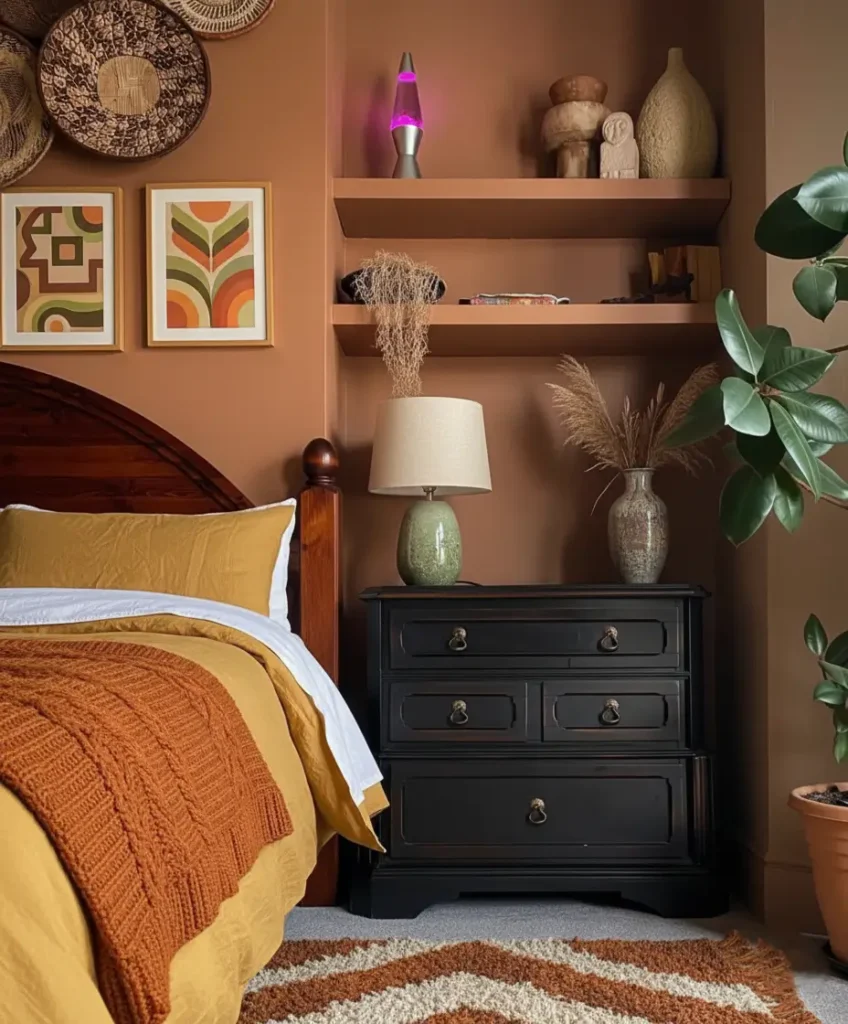 A 70s bedroom idea with terracotta walls, a black dresser, and woven wall baskets.