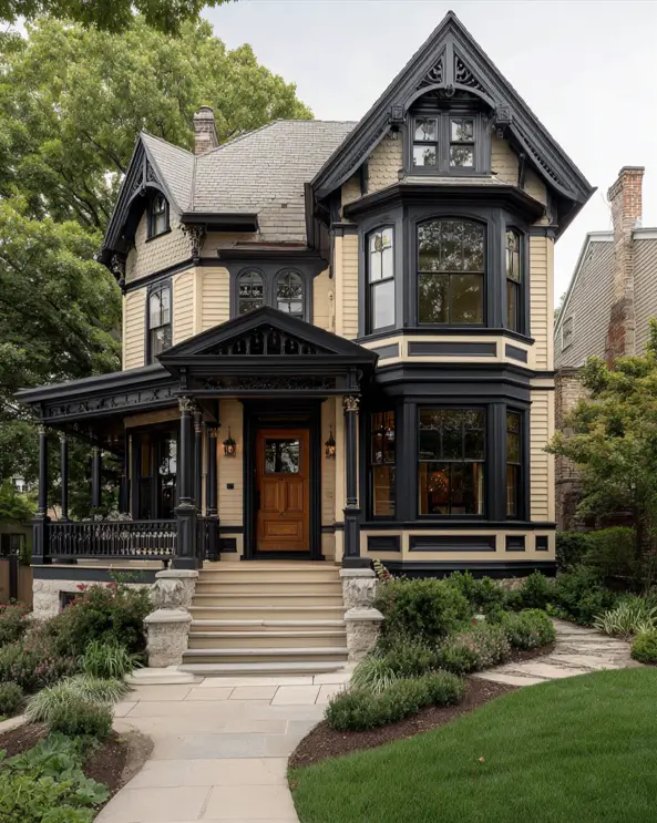 A beige Victorian house with intricate black trim on the porch and bay windows, surrounded by trees.